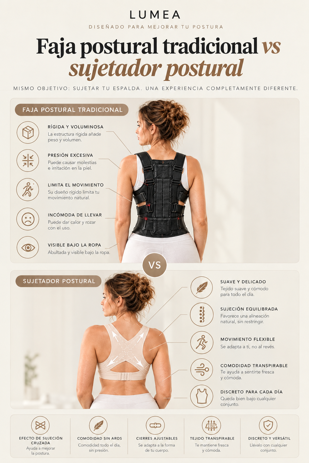 Comparativa de características del sujetador postural LUMEA